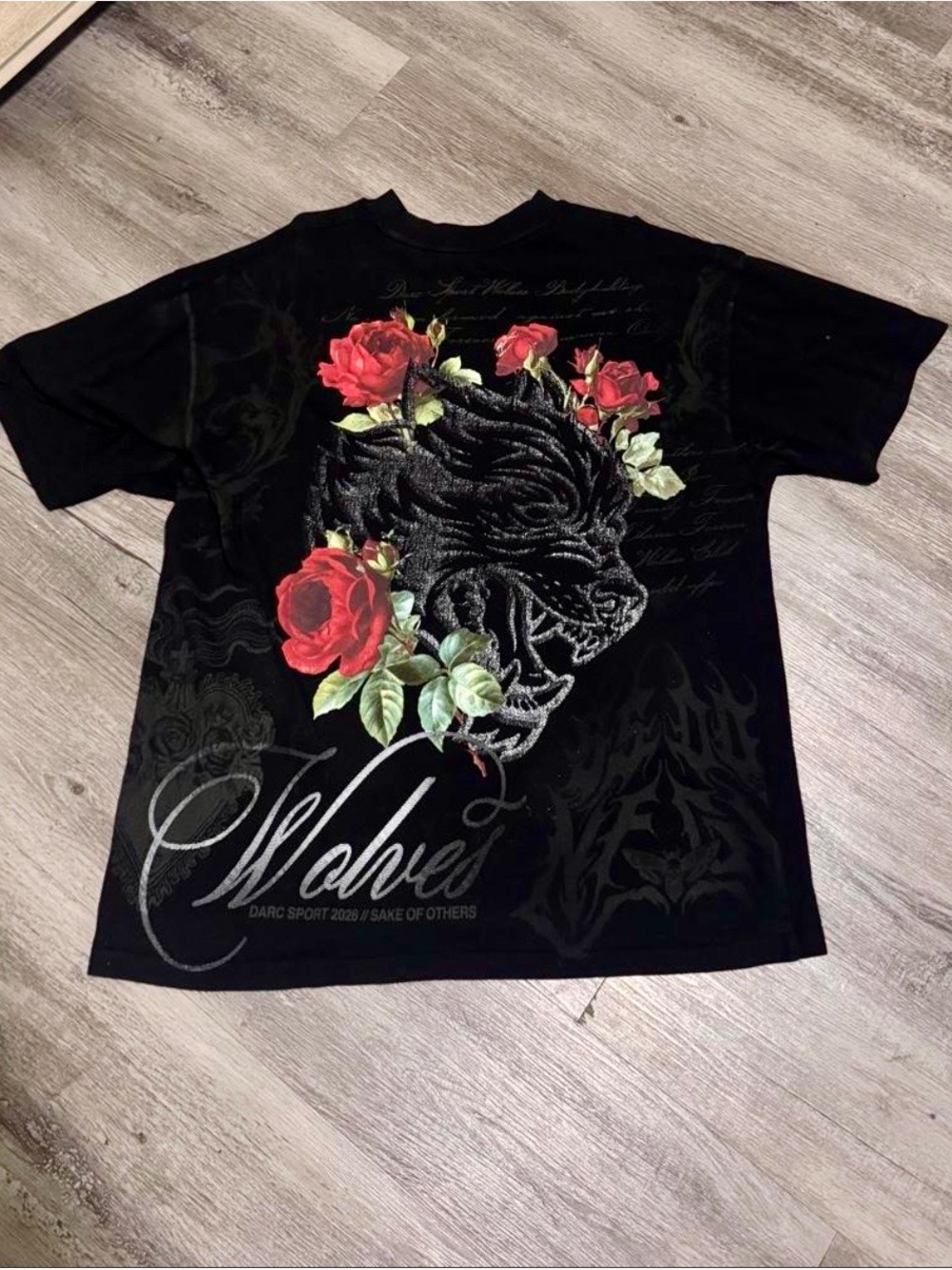 Darc Sport Black Tee with Red Rose & Green Leaf Tiger Graphic